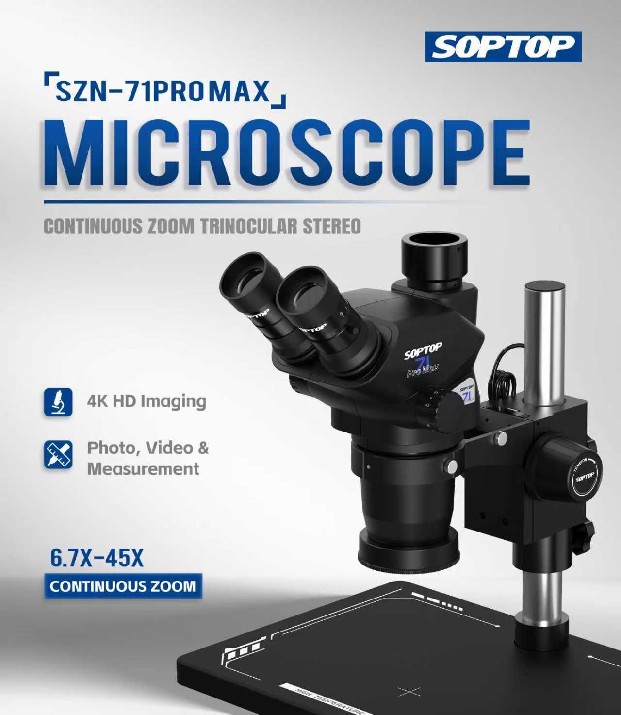 SOPTOP 71 PRO MAX (black) HIGH-DEFINITION ZOOM TRINOCULAR STEREO MICROSCOPE